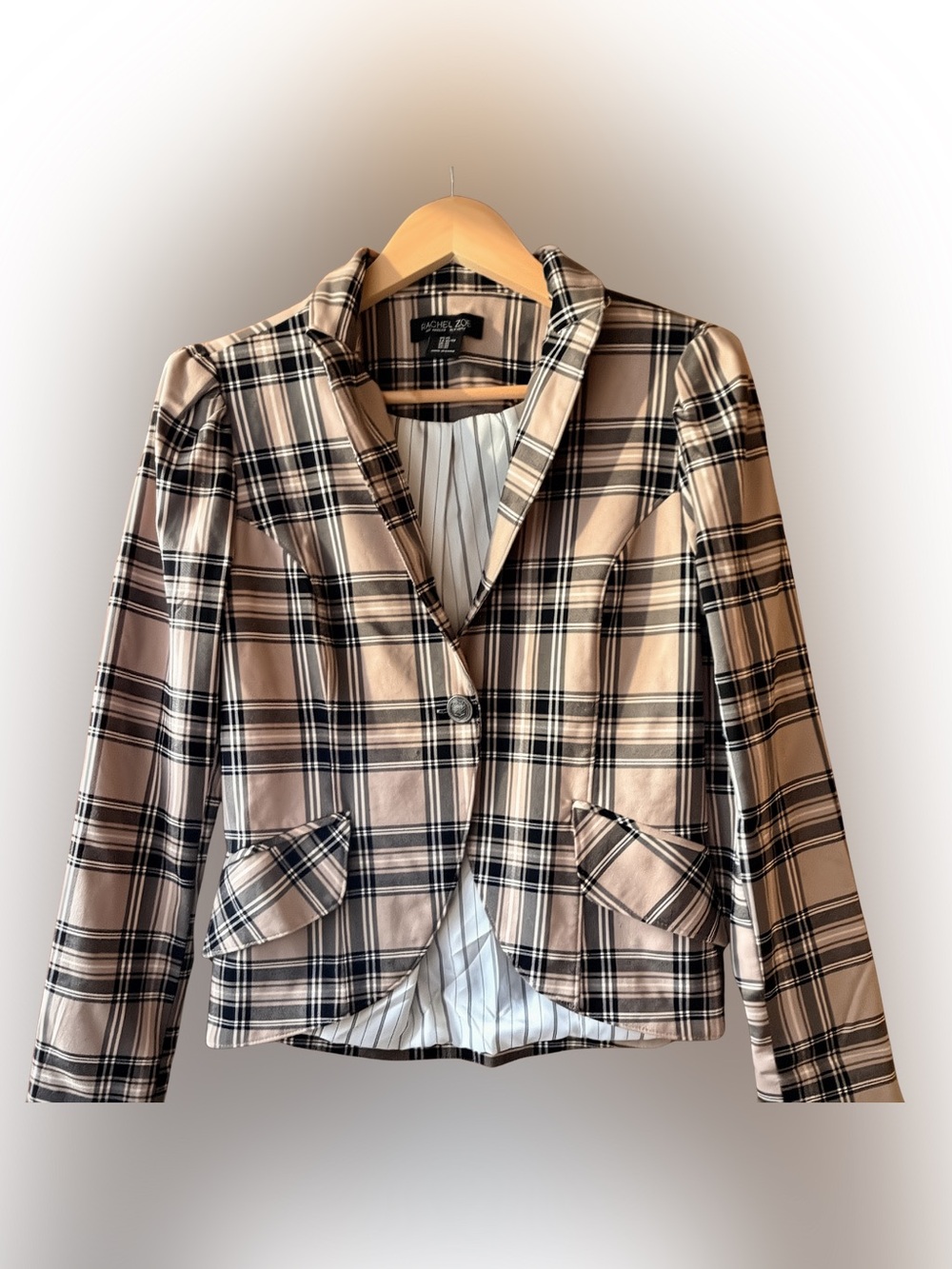 Rachel Zoe Plaid Cropped Blazer XS Tan Black Tartan Tailored